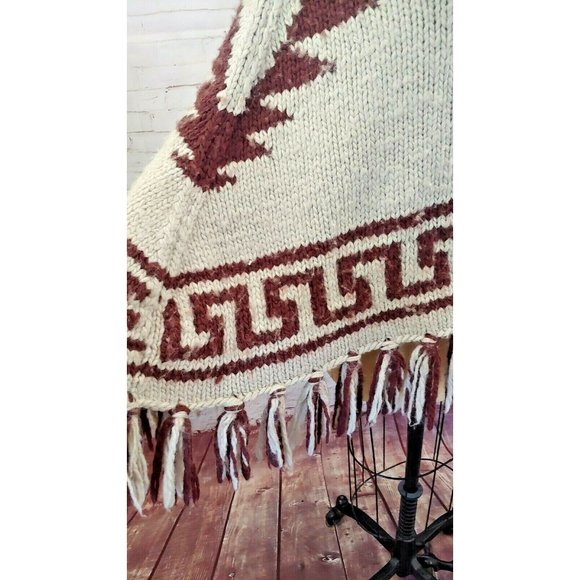 Southwest Aztec Knit Fringe Poncho Sweater Mock Neck One Size Brown & Tan - Picture 2 of 4